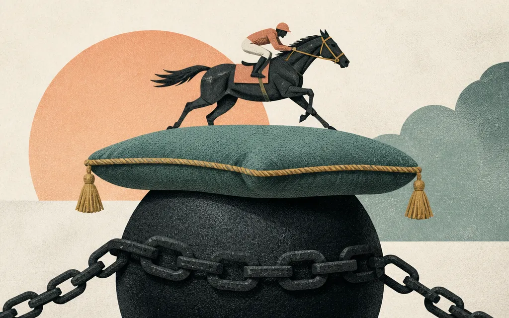 Editorial illustration for “Derby Week padded results. Slow growth and heavy debt make Churchill Downs' outcomes wildly sensitive to valuation math.”