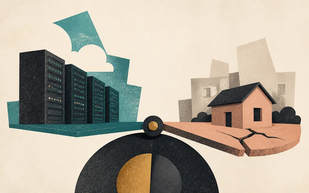 Editorial illustration for “IES pops 15% after a week of whiplash — booming data-center work versus soft housing demand”