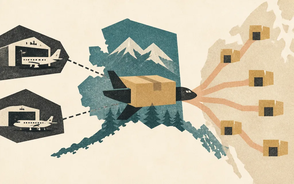 Editorial illustration for “Alaska Air’s Cargo Map Runs Through Amazon”
