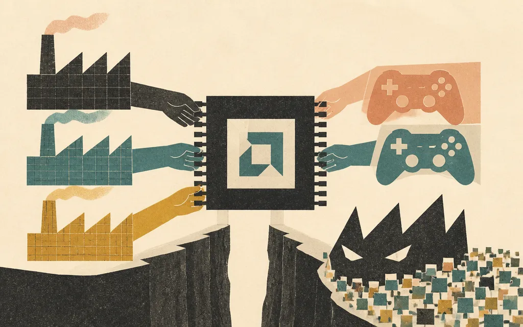 Editorial illustration for “AMD (AMD) Has Three Foundries, Two Console Customers, and a Rivalry With Nvidia”