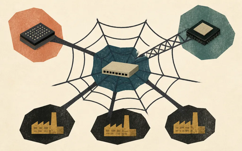 Editorial illustration for “Arista’s Web Runs Through Broadcom and Nvidia, Then Into the Rivals”