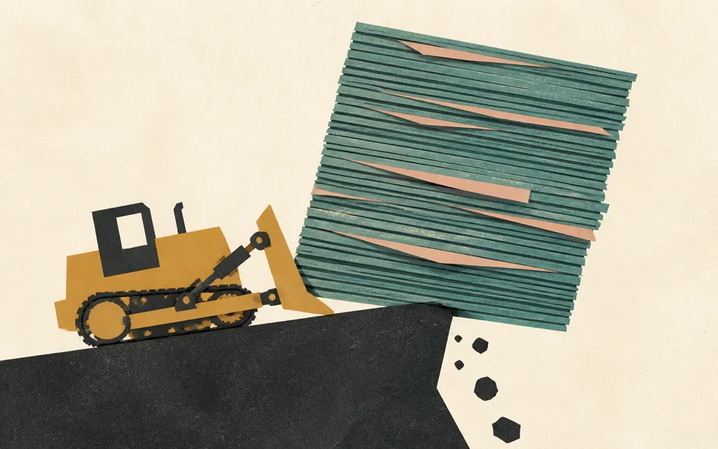 Editorial illustration for “Caterpillar’s profits surged. Its invoices grew faster than its sales.”