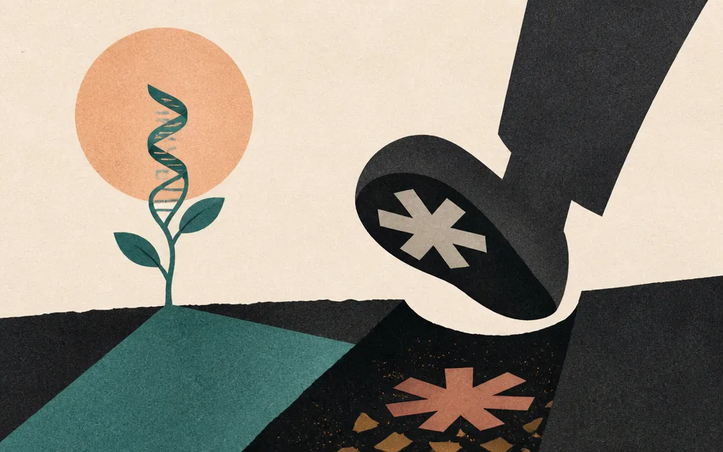 Editorial illustration for “CRISPR’s revenue jumped 1,041%. Its cash flow still has a Vertex-shaped asterisk”