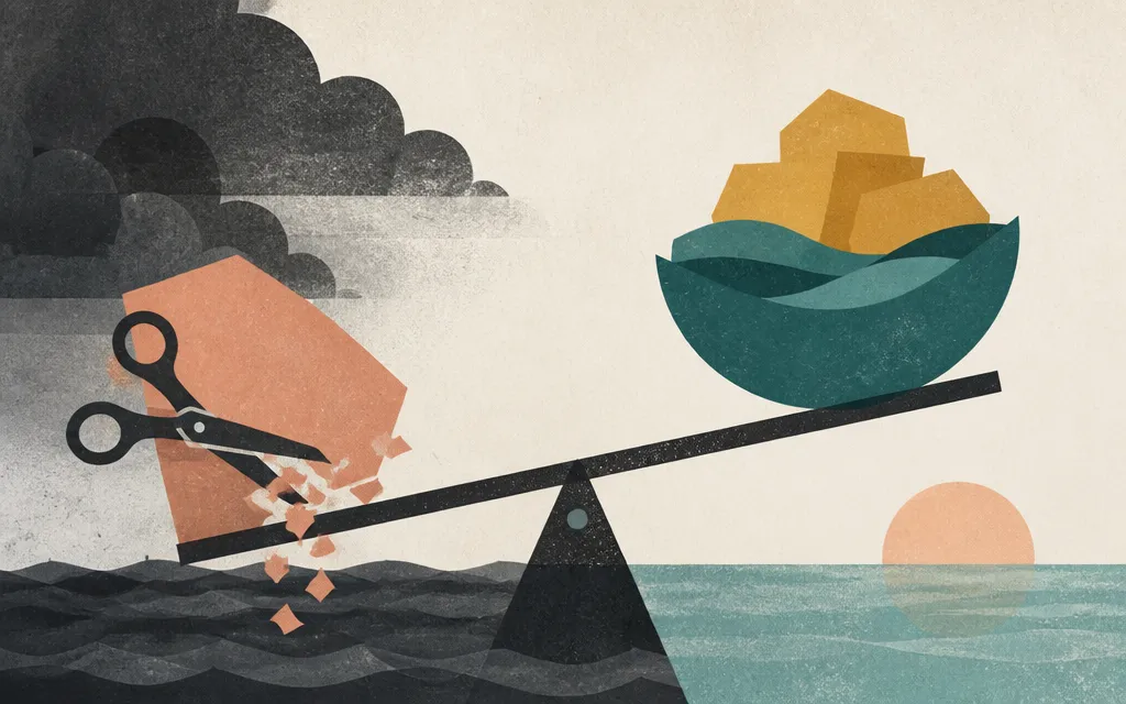 Editorial illustration for “Equitable cut $105 million of costs. Revenue still fell 30%.”