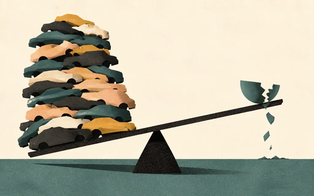 Editorial illustration for “Lucid grew sales 56%. Its inventory grew 93%”