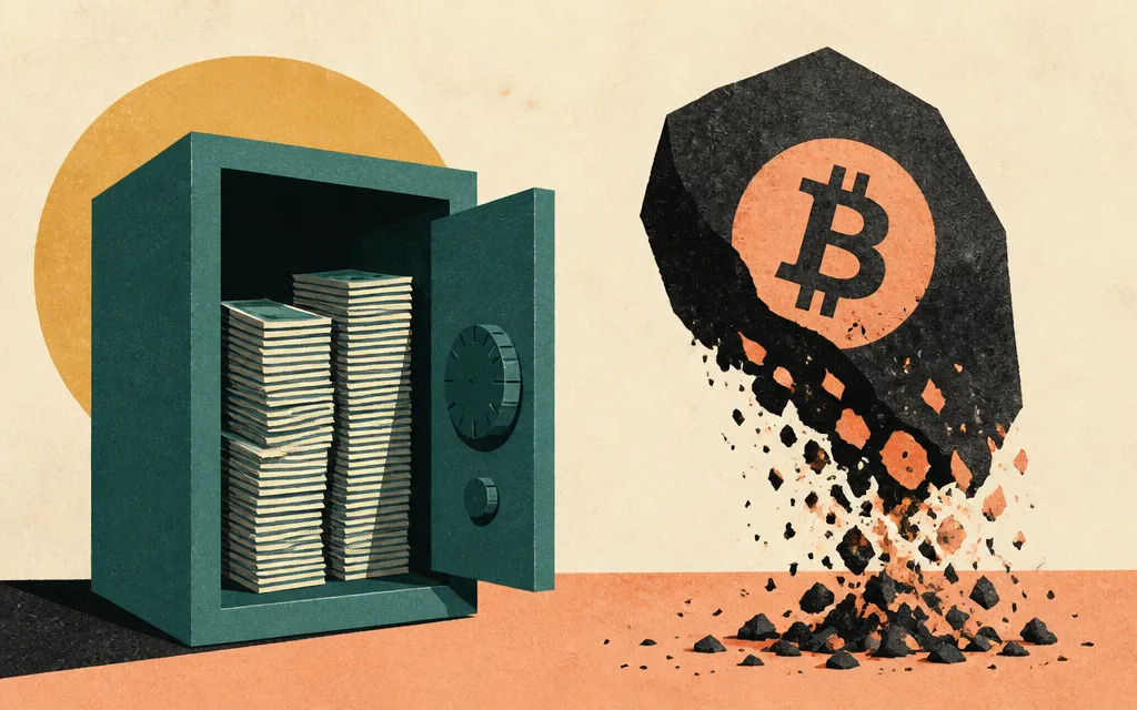 Editorial illustration for “MARA's cash quadrupled as bitcoin revenue fell 27%”
