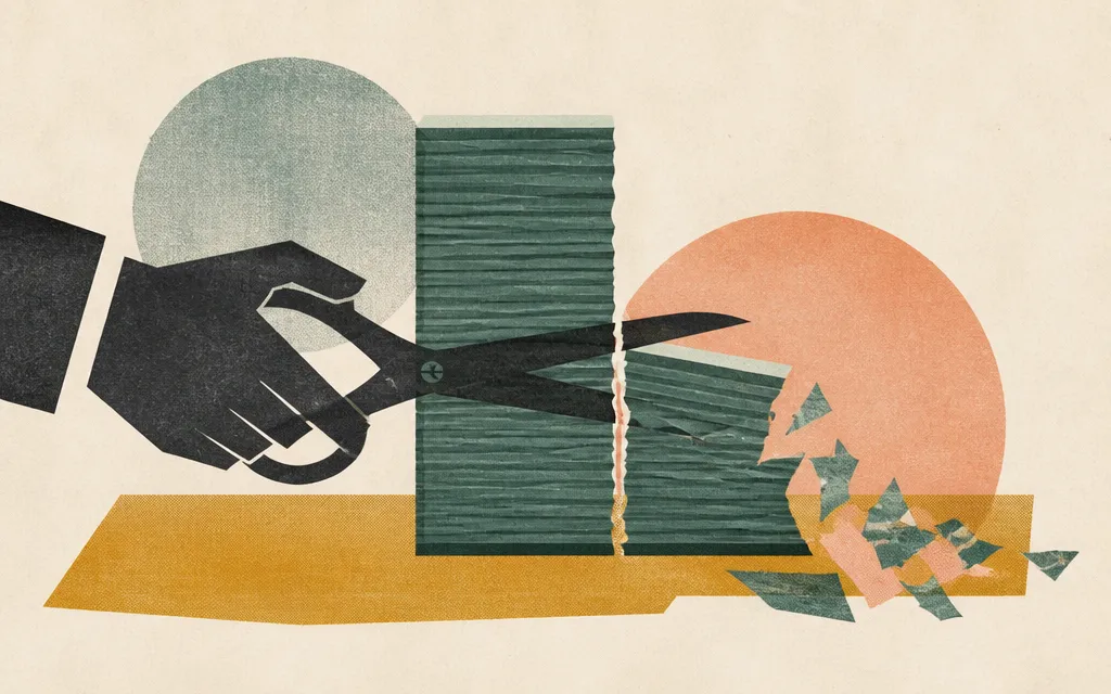 Editorial illustration for “News Corp grew sales 6.8%. Profit got cut in half.”