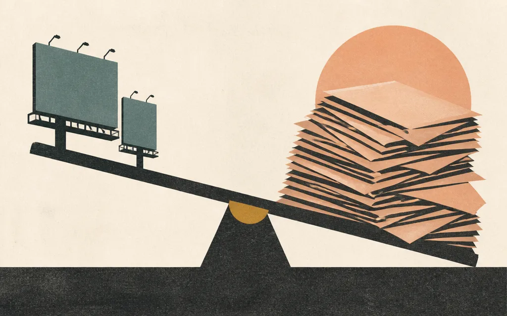 Editorial illustration for “OUTFRONT’s profit surge came with fewer billboards and a bigger receivables tab”
