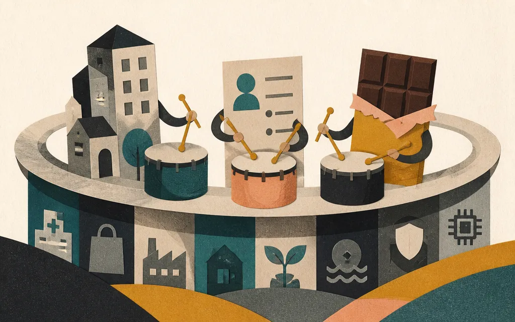 Editorial illustration for “REITs, payroll software and chocolate stocks are suddenly sharing a trading rhythm”