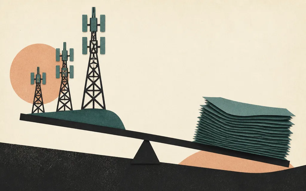 Editorial illustration for “SBA Communications added towers for 2.3% growth. Net income fell 12%.”