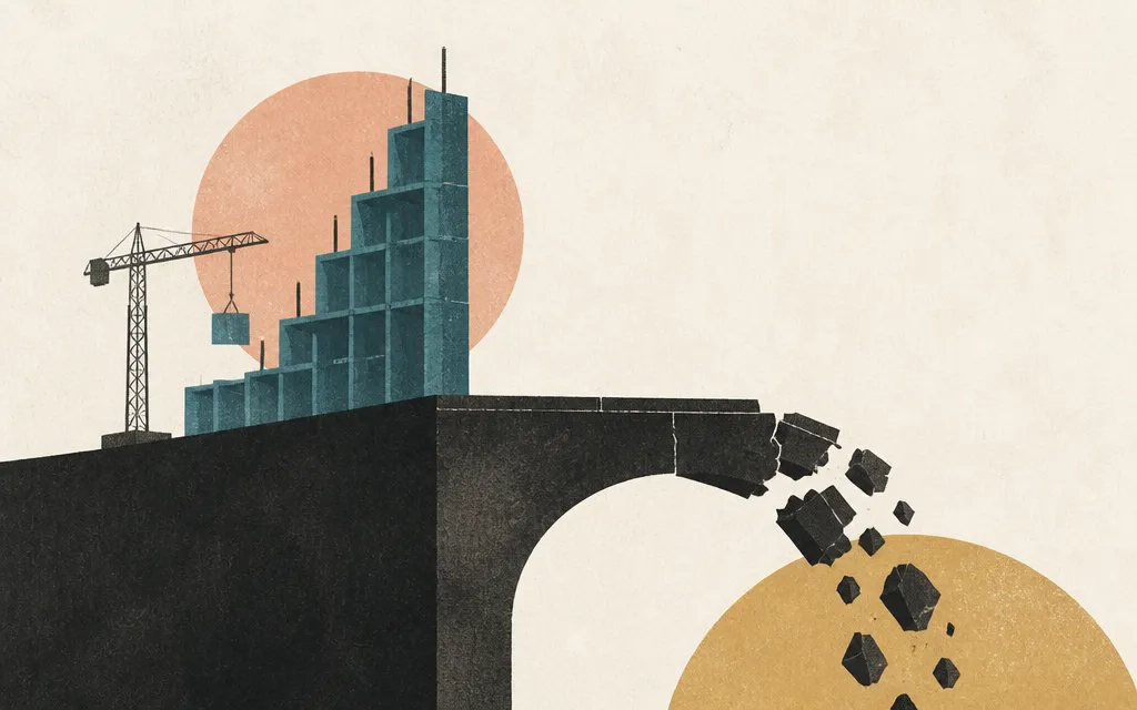 Editorial illustration for “Tutor Perini’s net income jumped 229%. Gross margin still fell.”
