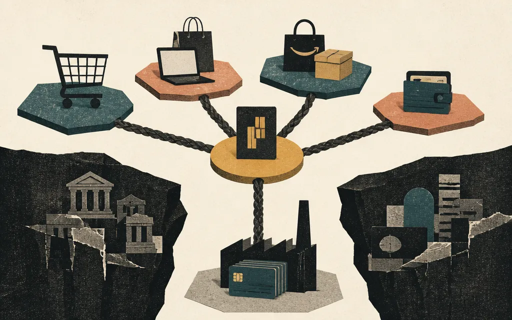 Editorial illustration for “Who Synchrony (SYF) is actually tied to: Walmart, PayPal, Amazon, and a Fiserv printing shop”